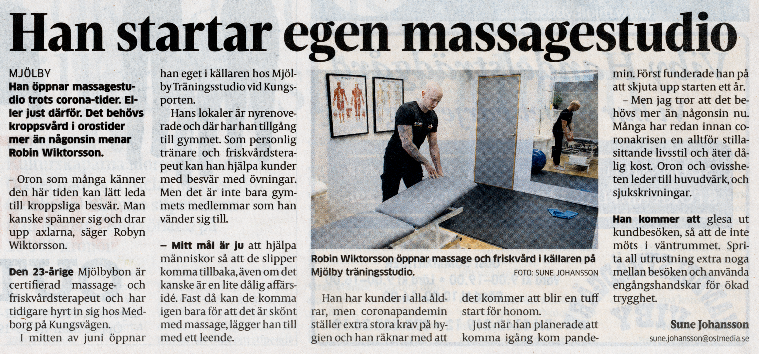 Artikel östgöta correspondenten 2020-06-12, Massör i Mjölby